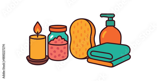 Flat vector candle and bath set: lit candle salt jar sponge bottle towel bright vibrant palette clean outlines minimal centered isolated on white no logos