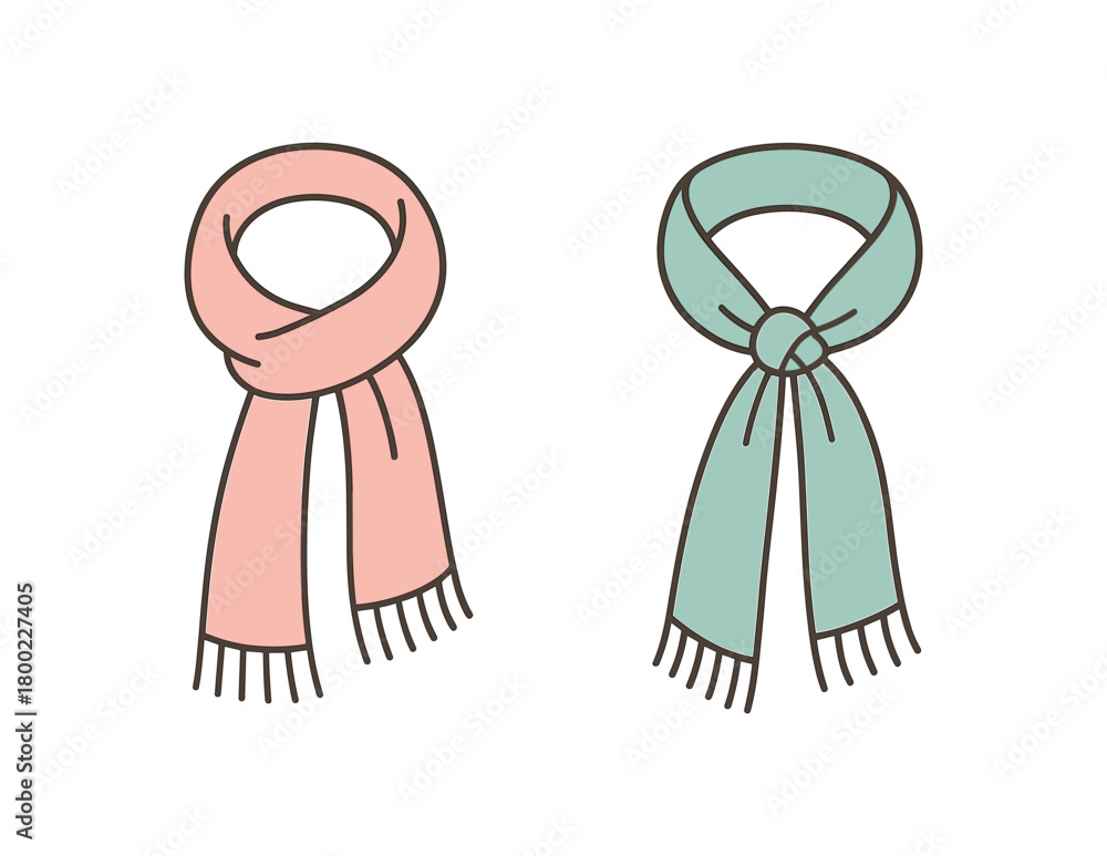 Obraz premium Flat vector illustration two light scarves seasonal essentials style pastel colors breezy spring vibe 2x1 grid equal spacing isolated on white full objects visible