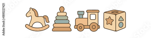 Flat vector illustration four wooden toys blisterpackfree theme packagefree pastel colors 4x1 grid equal spacing isolated on white