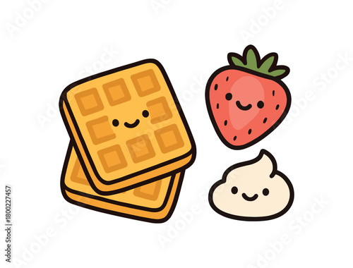 Cute doodle breakfast foods collection flat vector illustration bold handdrawn outlines bright solid fills isolated on white clean white space sticker style minimal detail waffles pair