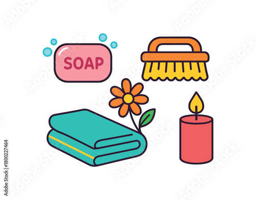 Flat vector spring renewal set: soap brush towel flower candle bright vibrant palette clean outlines minimal centered isolated on white no logos