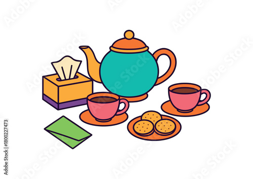 Flat vector condolence tea corner: teapot cups tissue box biscuits plate napkin bright vibrant palette clean outlines minimal centered isolated on white no logos