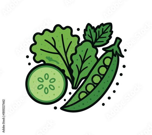 flat vector bold outline crunchy greens white background sticker style measured cluster seed flecks pea cucumber coin mint hint