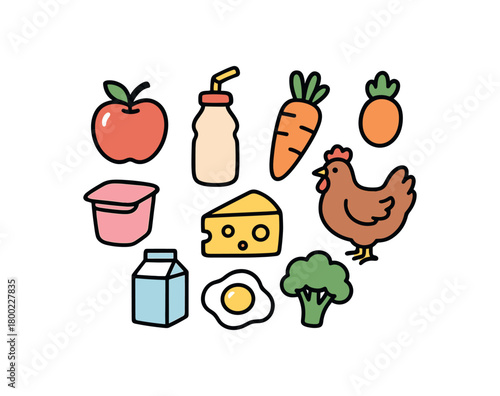 Cute doodle farm products collection flat vector illustration bold handdrawn outlines bright solid fills isolated on white clean white space sticker style minimal detail yogurt drink bottle