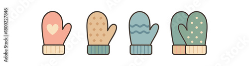 Flat vector illustration four mitten pairs seasonal essentials style pastel colors winter vibe 4x1 grid equal spacing isolated on white full objects visible