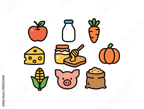 Cute doodle farm products collection flat vector illustration bold handdrawn outlines bright solid fills isolated on white clean white space sticker style minimal detail honey spread bread