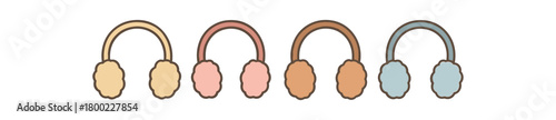 Flat vector illustration four earmuffs seasonal essentials style pastel colors winter vibe 4x1 grid equal spacing isolated on white full objects visible