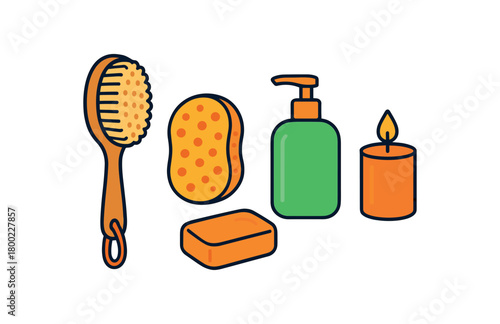 Flat vector home spa accessories: brush sponge soap lotion candle bright vibrant palette clean outlines minimal centered isolated on white no logos