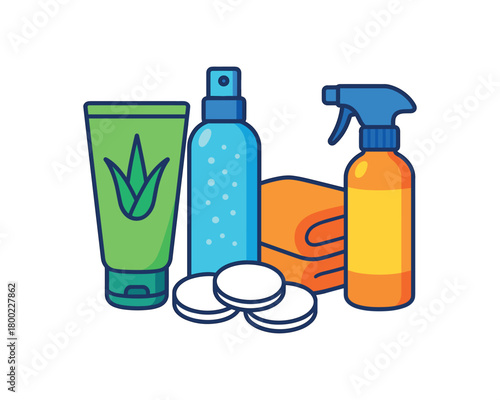 Flat vector after sun care: aloe gel cooling mist cotton pads towel spray bright vibrant palette clean outlines minimal centered isolated on white no logos