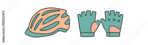 Flat vector illustration bike helmet gloves bike ride vibe pastel colors 2x1 grid equal spacing isolated on white full objects visible