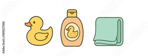 Flat vector illustration rubber duck baby shampoo bottle soft towel baby bath vibe pastel colors 3x1 grid equal spacing isolated on white full objects visible