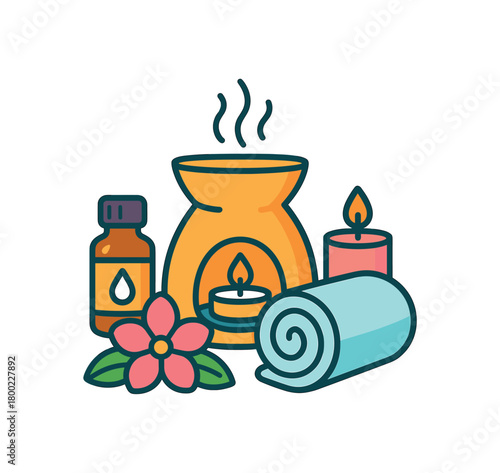 Flat vector soothing aromatherapy: diffuser oil bottle candle flower towel bright vibrant palette clean outlines minimal centered isolated on white no logos