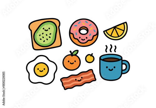 Cute doodle breakfast foods collection flat vector illustration bold handdrawn outlines bright solid fills isolated on white clean white space sticker style minimal detail avocado toast