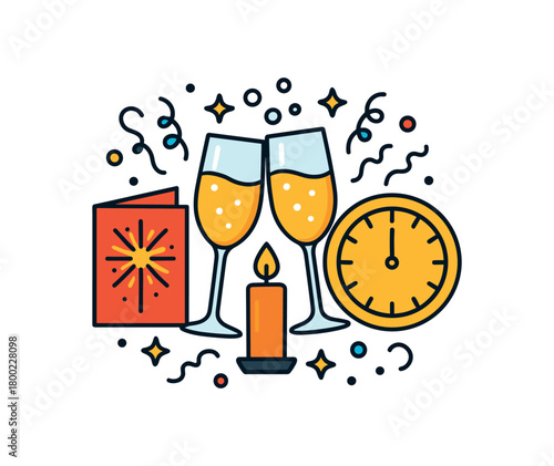 Flat vector new year tradition: champagne glasses candle fireworks card confetti clock bright vibrant palette clean outlines minimal centered isolated on white no logos