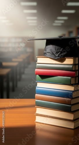 Graduation cap resting on a stack of textbooks on a wooden desk, symbolizing education, knowledge, and academic achievement for students.