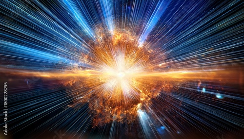 Abstract Cosmic Image Of Light Explosion And Particles Radiating Outward Symbolizing The Act Of Universe Creation Divine Intervention And Beginning Of Time And Space According To Biblical Narrative