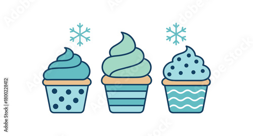 Flat vector illustration three cupcakes cute style cool tones simple patterns (dots stripes waves) with snowflakes 3x1 grid equal spacing isolated on white