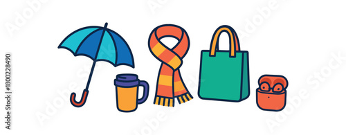 Flat vector rainy commute set: umbrella travel mug scarf tote bag earbuds case bright vibrant palette clean outlines minimal centered isolated on white no logos