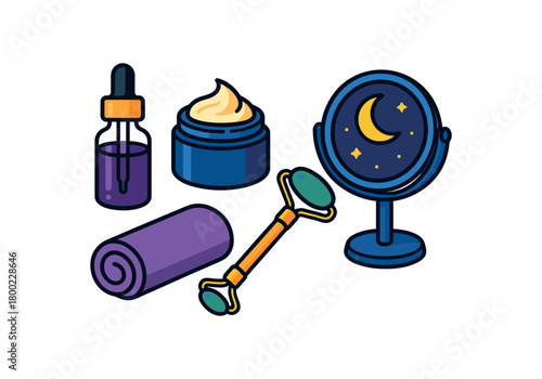Flat vector night skincare: serum bottle cream jar roller towel mirror bright vibrant palette clean outlines minimal centered isolated on white no logos