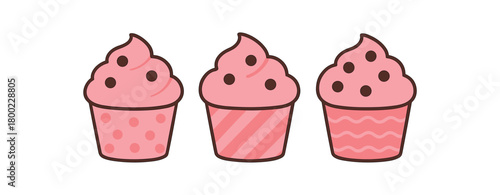 Flat vector illustration three cupcakes pink palette cute style simple patterns (dots stripes waves) chocolate chips 3x1 grid equal spacing isolated on white