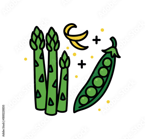 flat vector bold outline bright accents white background sticker style airy margins dot sparks asparagus spears lemon zest hint pea pod
