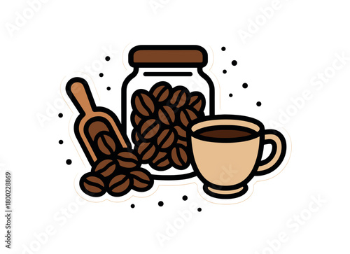 flat vector bold outline bean and jar white background sticker style balanced cluster speck dots jar scoop cup