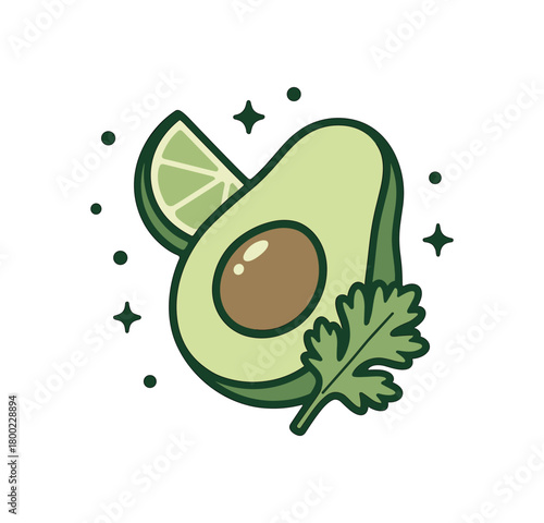 flat vector bold outline creamy green white background sticker style centered cluster dot sparks avocado with pit shine cilantro leaf lime hint