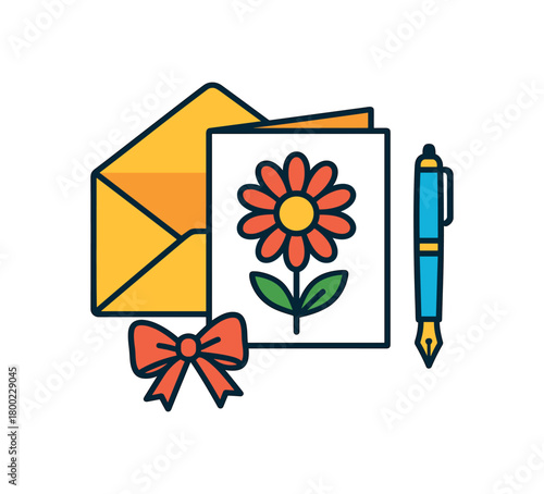 Flat vector floral tribute card: flower card envelope ribbon pen bright vibrant palette clean outlines minimal centered isolated on white no logos