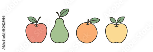 Flat vector illustration four loose fruits ( pear orange) packagefree theme no plastic wrap pastel colors 4x1 grid equal spacing isolated on white