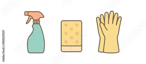 Flat vector illustration spray bottle sponge rubber gloves cleaning day vibe pastel colors 3x1 grid equal spacing isolated on white full objects visible