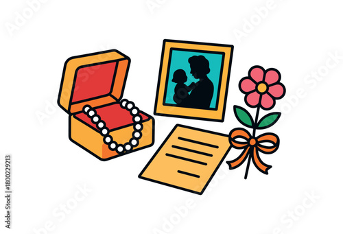 Flat vector generational keepsakes: jewelry box old photo letter ribbon flower bright vibrant palette clean outlines minimal centered isolated on white no logos