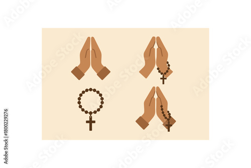 4 praying hands and rosary icons flat vector illustration clean modern style warm earthy tones