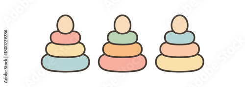 Flat vector illustration three stacking rings cute baby style pastel colors soft arcs 3x1 grid equal spacing isolated on white