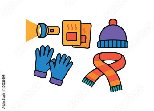 Flat vector night walk essentials: flashlight hand warmers hat gloves scarf bright vibrant palette clean outlines minimal centered isolated on white no logos