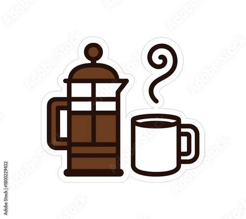 flat vector bold outline deep browns white background sticker style airy margins steam swirl french press mug
