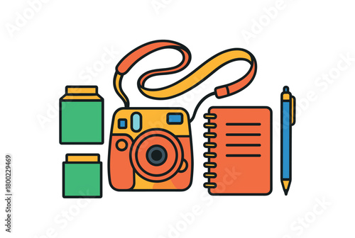 Flat vector summer photo kit: instant camera film pack strap notebook pen bright vibrant palette clean outlines minimal centered isolated on white no logos