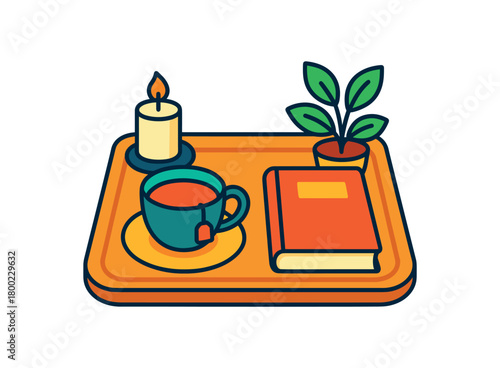 Flat vector morning ritual: cup of tea book candle plant tray bright vibrant palette clean outlines minimal centered isolated on white no logos