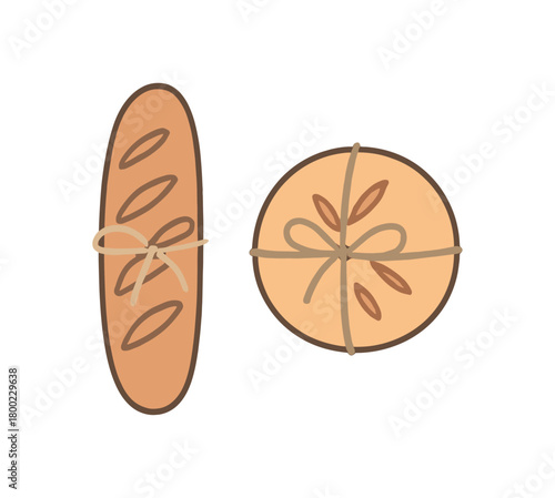 Flat vector illustration two bakery loaves tied with string only zero contain theme pastel colors plasticfree 2x1 grid equal spacing isolated on white