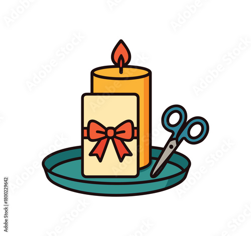 Flat vector memory candle label: candle label card ribbon scissors tray bright vibrant palette clean outlines minimal centered isolated on white no logos