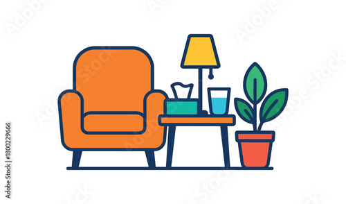 Flat vector quiet room setup: chair tissue box water glass lamp plant bright vibrant palette clean outlines minimal centered isolated on white no logos