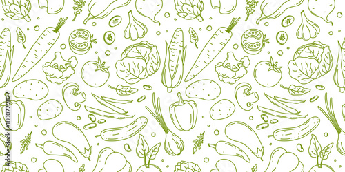 Vegetables in trendy linear style seamless pattern for eco food store, healthy food shop or vegetarian cafe. Editable strokes. Vector logo design template