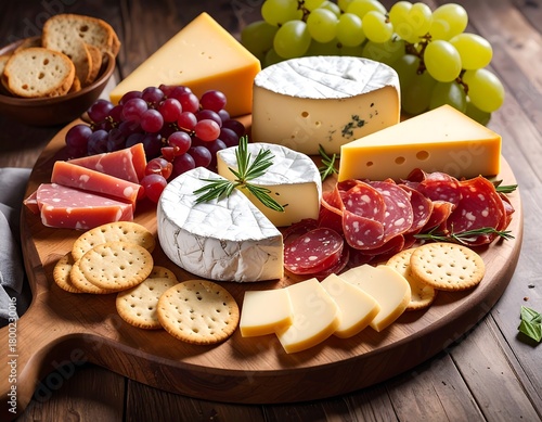 Delectable charcuterie board showcasing a variety of cheeses, meats, fruits, and crackers