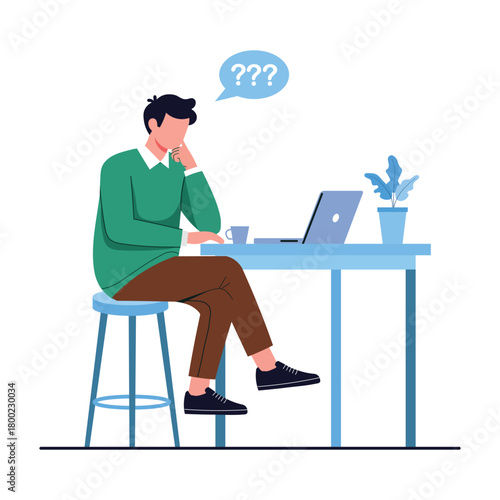 Man sitting at desk with laptop thinking with question marks on for problem solving and decision making