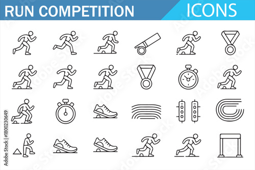 Sports competition line icons featuring runners and racing elements