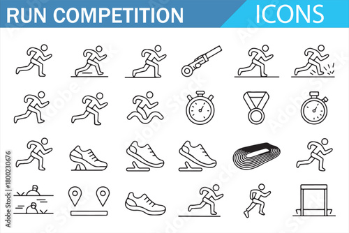 Run competition outline icon set in clean editable stroke style featuring runners, hurdles, stopwatch, medals, track, starting blocks, and athletic elements for sports apps, fitness graphics, and race