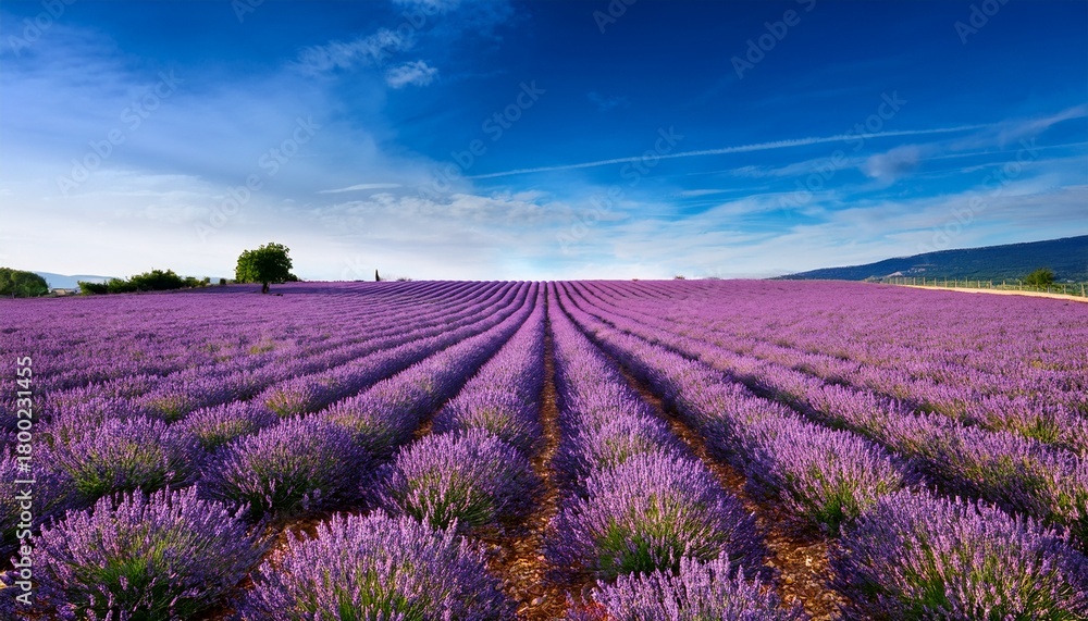 Fototapeta premium Blooming Lavender Field With Rows Of Purple Flowers Under Blue Sky In Provence France