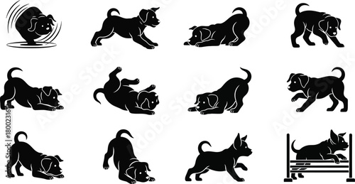 Set of Black Silhouette Puppy Dog Poses and Actions on White Background Keywords: puppy, dog, animal, pet, silhouette, black, white