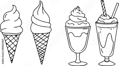 Black and White Ice Cream and Milkshake Line Art Set