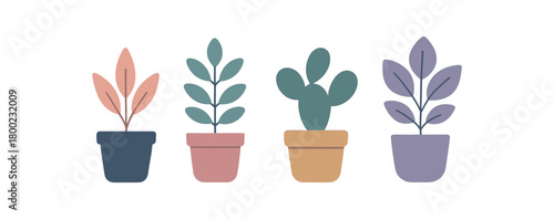 Flat vector illustration four small potted plants night mindfulness style pastel colors simple leaves 4x1 grid equal spacing isolated on white full objects visible