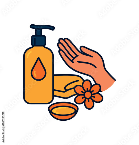 Flat vector body oil care: pump bottle hand towel flower dish bright vibrant palette clean outlines minimal centered isolated on white no logos
